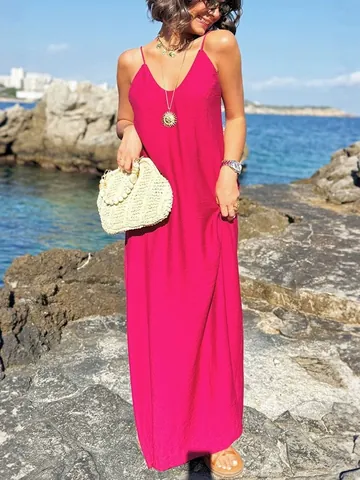 Women's Sexy Spaghetti Strap Backless Maxi Dress Loose Solid Color V-Neck Polyester Spandex Vacation Beach Long Dress