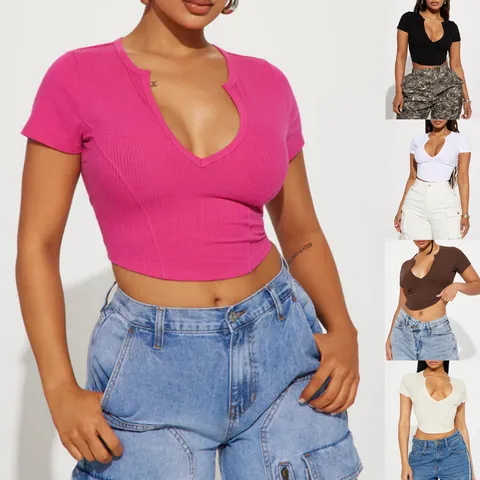 Women Deep V Neck Ribbed Knit Short Sleeve T-Shirt Slim Fit Crop Top Polyester Solid Color Casual Streetwear Summer Chic Top