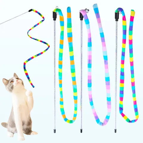 Rainbow Striped Cat Teaser Wand With Bell Plush Interactive Kitten Toy For Indoor Playing Exercise Pet Supplies