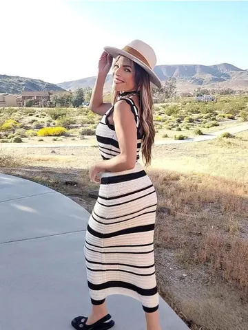 Women Striped Knit Top And Bottom V Neck Sleeveless Vest And High Waist Contrast Midi Skirt Summer Casual Outfits