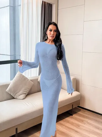 Women Sexy Backless Knit Maxi Dress Long Sleeve Sheer Beach Cover Up Solid Color Hollow Out Sun Protection Summer Dress