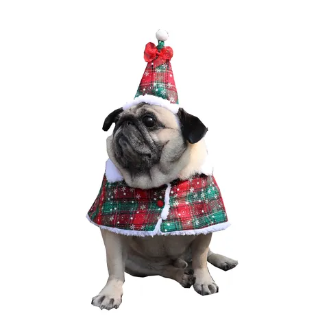 Pet Christmas Cloak Costume Soft Plush Snowflake Plaid Cape With Matching Hat For Dogs Cats Small Animals New Year Apparel