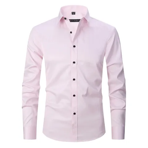 Men Business Casual Long Sleeve Shirt Slim Fit Solid Color Wrinkle-Resistant Stretch Single Breasted Square Collar Dress Shirt Top