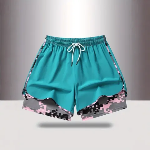 Pantalones Cortos Deportivos de Doble Capa para Mujer Con Bolsillo Cordón Cintura Elástica Poliéster Spandex Casual Short Gym