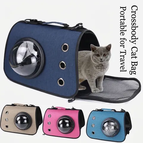 Portable Foldable Pet Carrier Space Capsule Design Oxford Cloth Shoulder Bag For Small Cats Dogs Travel Outdoor Breathable Multi-Hole Handbag