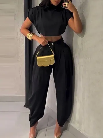 Women Fashion Polyester Top And Bottom Set Solid Color High Waist Wide Leg Pants And Crop Top For Summer Commute Office