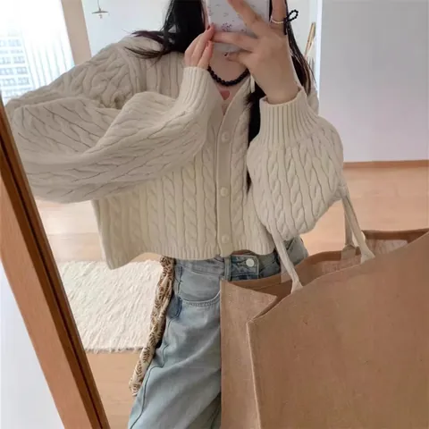 Cardigan in Maglia a Trecce Stile Coreano per Donna Vestibilità Larga Scollo Rotondo Bottoni Giacca Corta Casual