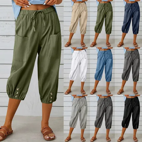 Women's Casual Cotton Linen Capri Pants High Waist Drawstring Loose Tapered Trousers With Button Hem Pockets