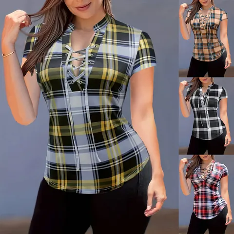 Haut Imprimé à Carreaux pour Femmes Col Montant Laçage Poitrine Coupe Ajustée Manches Courtes T-Shirt d'Été Sexy Casual