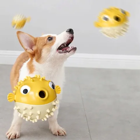 Pufferfish Shape Dog Chew Toy Rubber Food Dispenser Ball For Teeth Cleaning Interactive Bite Resistant Pet Molar Play Toy