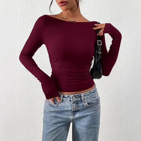 T-Shirt da Donna con Scollo a Barca a Maniche Lunghe in Viscosa a Costine Slim Fit Crop Top Casual Tinta Unita Autunno