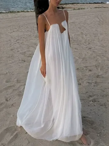 Women White Sexy Backless Pleated Maxi Dress Metal Deep U-Neck Spaghetti Strap Solid Color Vacation Beach Long Dress
