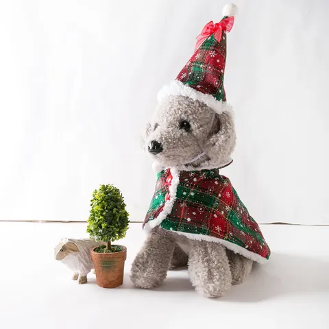 Pet Christmas Cloak Costume Soft Plush Snowflake Plaid Cape With Matching Hat For Dogs Cats Small Animals New Year Apparel