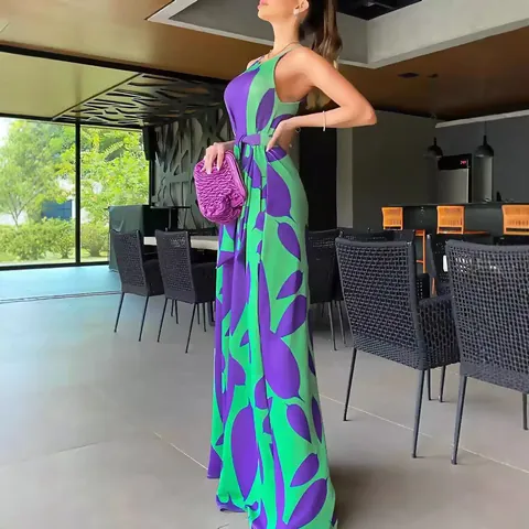 Women Floral Leaf Print Sleeveless Jumpsuit Elegant High Waist Wide Leg Romper Summer Casual Commuting Green Outfit