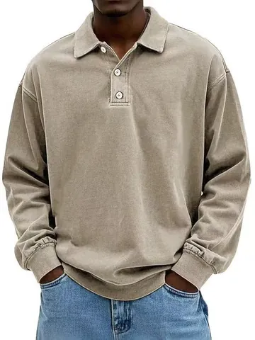 Men Washed Vintage Long Sleeve Polo Shirt Loose Fit Button Lapel Casual Solid Knitted Top Male Fashion Apparel