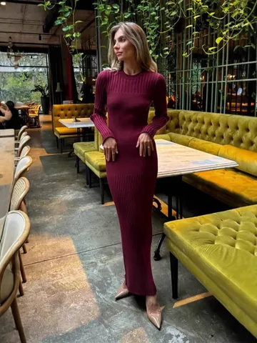 Women Ribbed Knit Bodycon Maxi Dress Long Sleeve Round Neck Slim Fit Solid Color Autumn Winter Pullover Sweater Dress