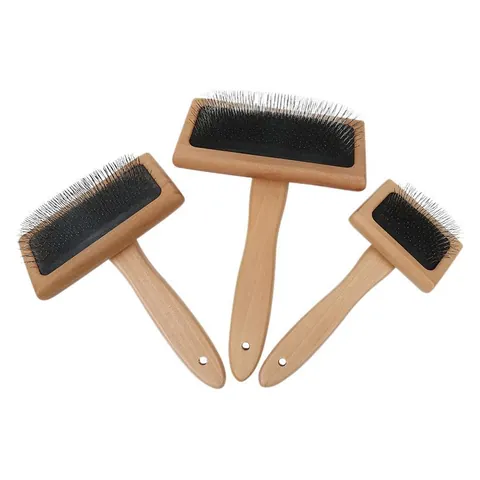 Professional Pet Wood Slicker Brush Cushion Stainless Steel Pins Dogs Cats Grooming Deshedding Dematting Tool Solid Wood Handle