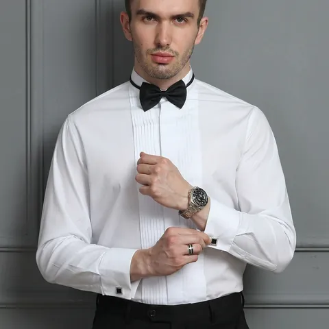 Men Formal Tuxedo Dress Shirt Wing Tip Collar Pleated Front French Cuff Business Wedding Performance Shirt With Bow Tie