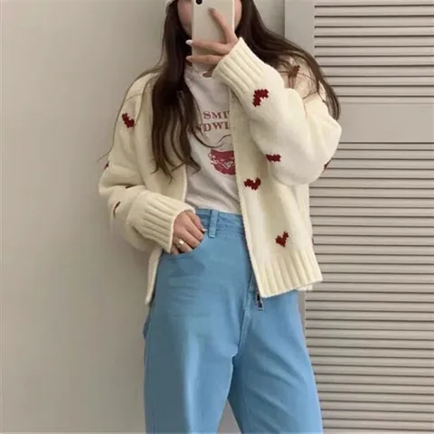 Gilet en Maille Jacquard à Cœur pour Femmes Col Rond Fermeture Éclair Manches Longues Pull en Acrylique Polyester Top