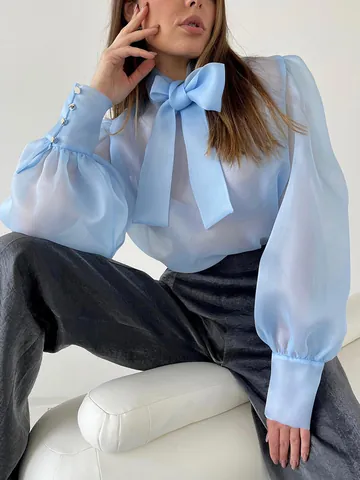 Blusa de Malla Transparente Estilo Francés para Mujer Elegante Cuello con Lazo Manga Abullonada Camisa Transparente Primavera Verano