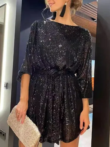 Women Sequin Sparkly Cocktail Party Dress Gilded Shiny Mini Dress With Waist Belt For Banquet Festival Clubwear Evening Gown