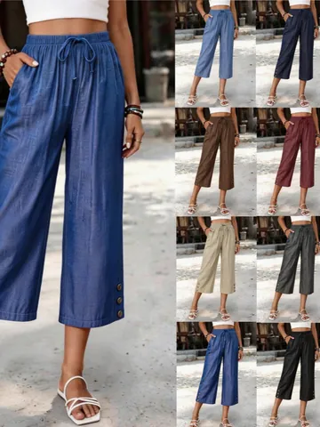 Women's Summer Tencel Denim Look Casual Seven-Point Pants Loose High Waist Drawstring Capris With Pockets Decorative Buttons