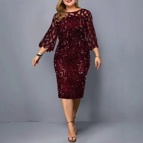 Damen Übergröße Pailletten Netz-Patchwork Midi Kleid Elegant Rundhals Figurbetont Party Kleid Langarm Etuikleid Clubwear