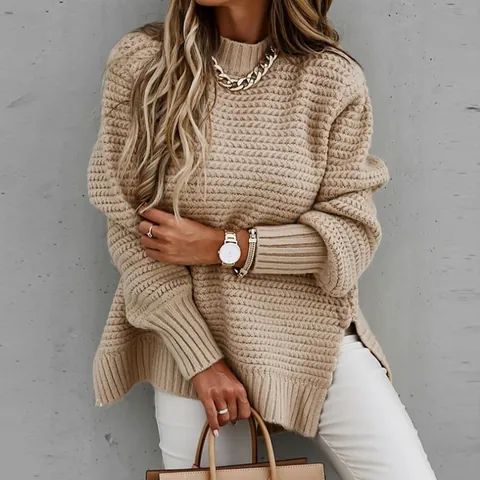 Women Oversized Knitted Sweater Polyester Acrylic Blend Long Sleeve Split Hem Pullover Solid Color Casual Autumn Winter Top