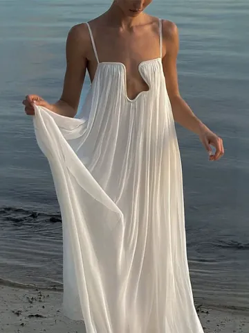 Women White Sexy Backless Pleated Maxi Dress Metal Deep U-Neck Spaghetti Strap Solid Color Vacation Beach Long Dress