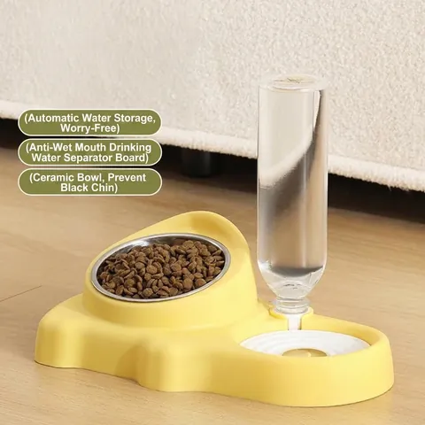 Automatischer Wasserspender Futternapf Set 15 Grad Neigung Nackenschutz Kunststoff Keramik Edelstahl Napf Für Katzen Hunde