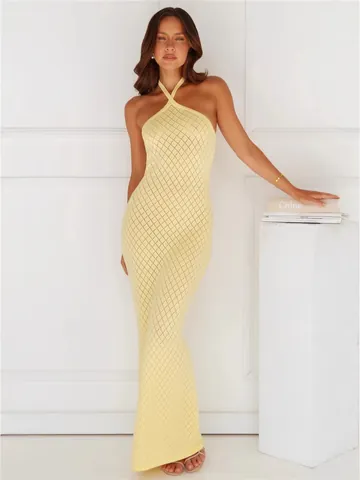 Women Sexy Halter Neck Hollow Out Knitted Beach Dress Solid Color Backless Maxi Dress Bikini Cover Up Summer Resort Wear