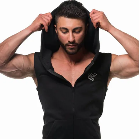 Men Fitness Muscle Hooded Vest Cotton Blend Quick Dry Workout Sleeveless Hoodie Full Zip Bodybuilding Sportswear Top