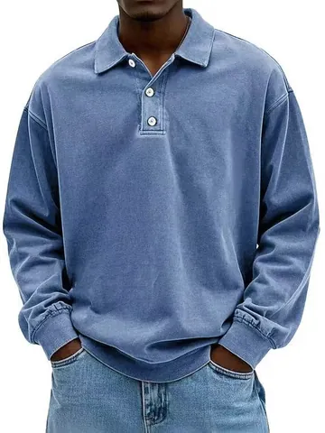 Men Washed Vintage Long Sleeve Polo Shirt Loose Fit Button Lapel Casual Solid Knitted Top Male Fashion Apparel
