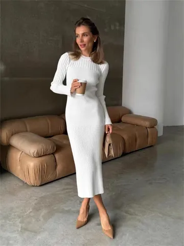 Women Ribbed Knit Bodycon Maxi Dress Long Sleeve Round Neck Slim Fit Solid Color Autumn Winter Pullover Sweater Dress