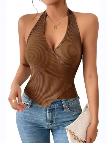 Women Sexy Halter Neck Ribbed Knit Camisole Top Cross Over Backless Slim Fit Solid Color Summer Tank Top Streetwear