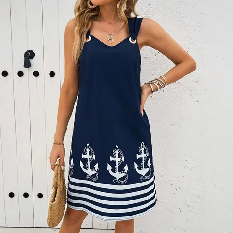Women V Neck Sleeveless Tank Dress Nautical Anchor Print Striped Hem Casual Summer A Line Midi Dress Polyester Beachwear