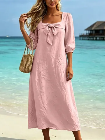 Women Casual Cotton Linen Dress Square Neck Bow Puff Sleeve Loose Solid Color Maxi Dress for Summer Vacation