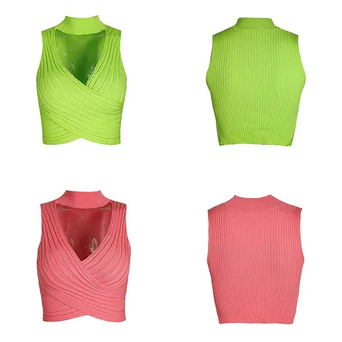 Women Halter Neck Knit Crop Top Sexy Cross V-Neck Ribbed Camisole Solid Color Slim Fit Sleeveless Summer Vest Top