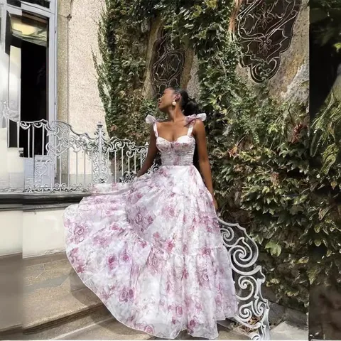Elegant Women's Off-Shoulder Organza Maxi Dress Floral Print A-Line Sleeveless Party Evening Prom Dress With Straps