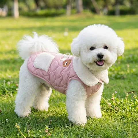 Cute Bear Embroidered Dog Vest Autumn Winter Warm Padded Pet Clothes With Artificial Fleece Collar D-Ring For Small Puppy Teddy