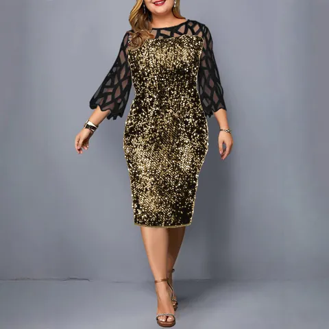 Damen Übergröße Pailletten Netz-Patchwork Midi Kleid Elegant Rundhals Figurbetont Party Kleid Langarm Etuikleid Clubwear