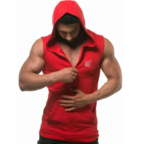 Men Fitness Muscle Hooded Vest Cotton Blend Quick Dry Workout Sleeveless Hoodie Full Zip Bodybuilding Sportswear Top