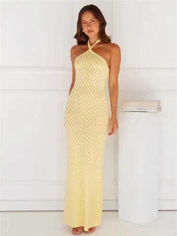 Women Sexy Halter Neck Hollow Out Knitted Beach Dress Solid Color Backless Maxi Dress Bikini Cover Up Summer Resort Wear