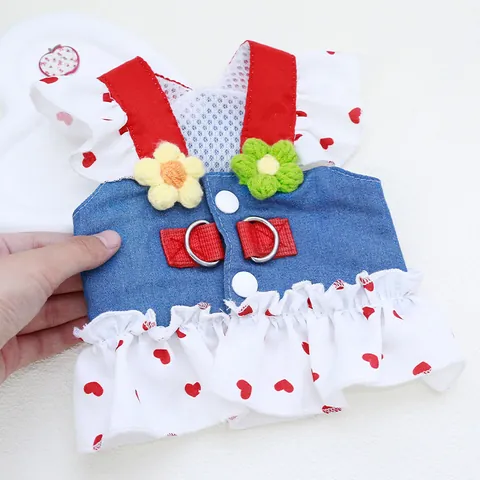 Denim Heart Print Pet Harness Dress With Knit Flower Accents For Small Medium Dogs Cats Breathable Mesh Lining With Leash