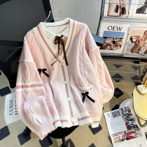 Cárdigan de Punto para Mujer Estilo Coreano Holgado Lazo 3D Cachemira de Oveja Acrílico Cuello en V Rayas Abotonado Top