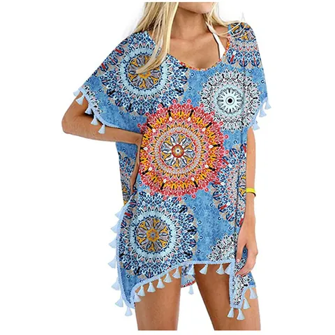 Women's Chiffon Beach Cover-Up Dress Printed Pom-Pom Tassel Trim Pullover Loose V-Neck Vacation Batwing Sleeve Summer Top