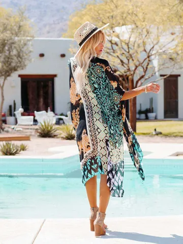 Women Bohemian Floral Print Chiffon Kimono Cardigan Loose Beach Cover Up Open Front Summer Vacation Shawl Top