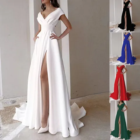 Elegante Vestido Maxi de Mujer con Cuello en V sin Mangas Abertura Alta Volantes Vestido de Noche Fiesta Banquete Formal Poliéster