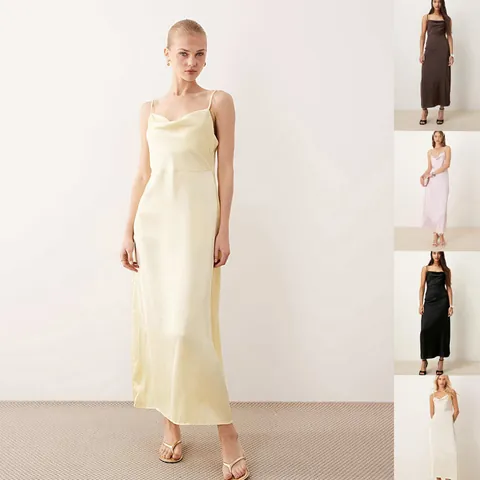 Women's Cowl Neck Satin Cami Maxi Dress Elegant Backless Slim Fit Glossy Silk Like Evening Party Long Dress