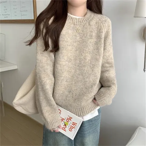 Dames Casual Japanse Luie Stijl Ronde Hals Pullover Trui Zachte Havermout Grijs Gebreide Top Voor Herfst Winter